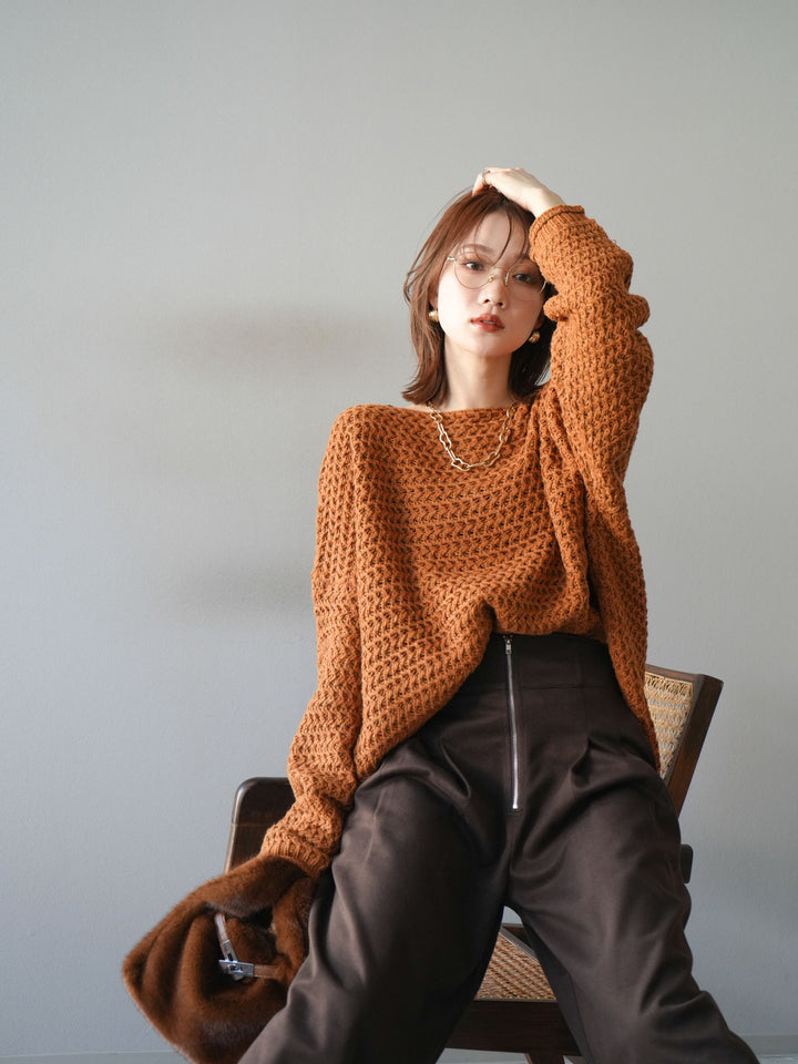 [予約]ネップ透かし編みオーバーニット/camel