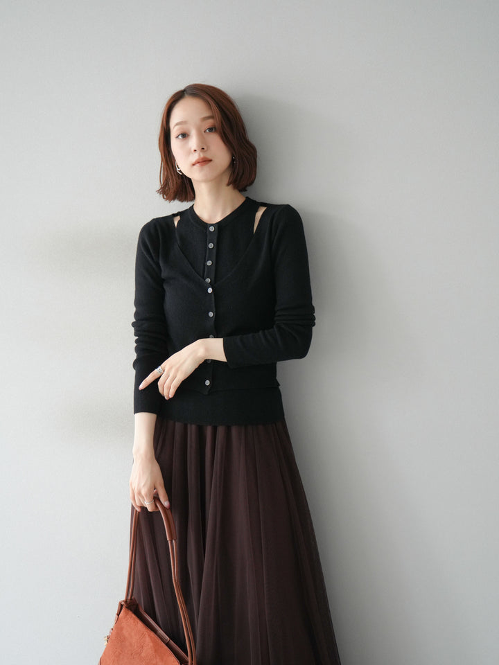 [予約]レイヤードデザインニットカーディガン/ブラック