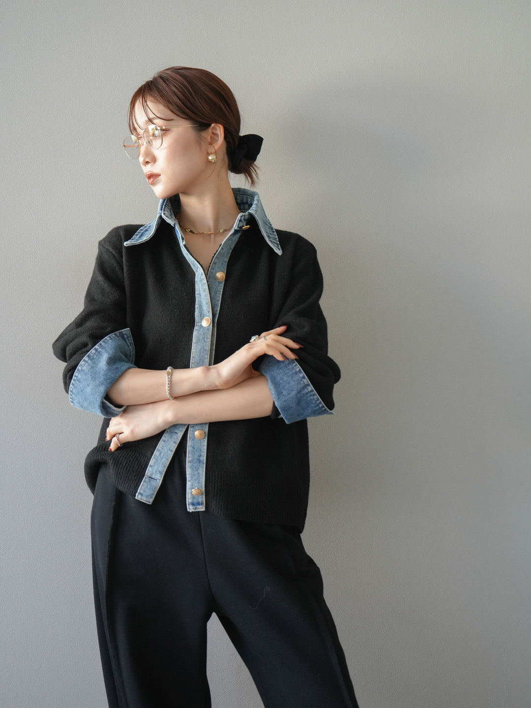 [予約]デニム襟ボタンニットカーディガン/black
