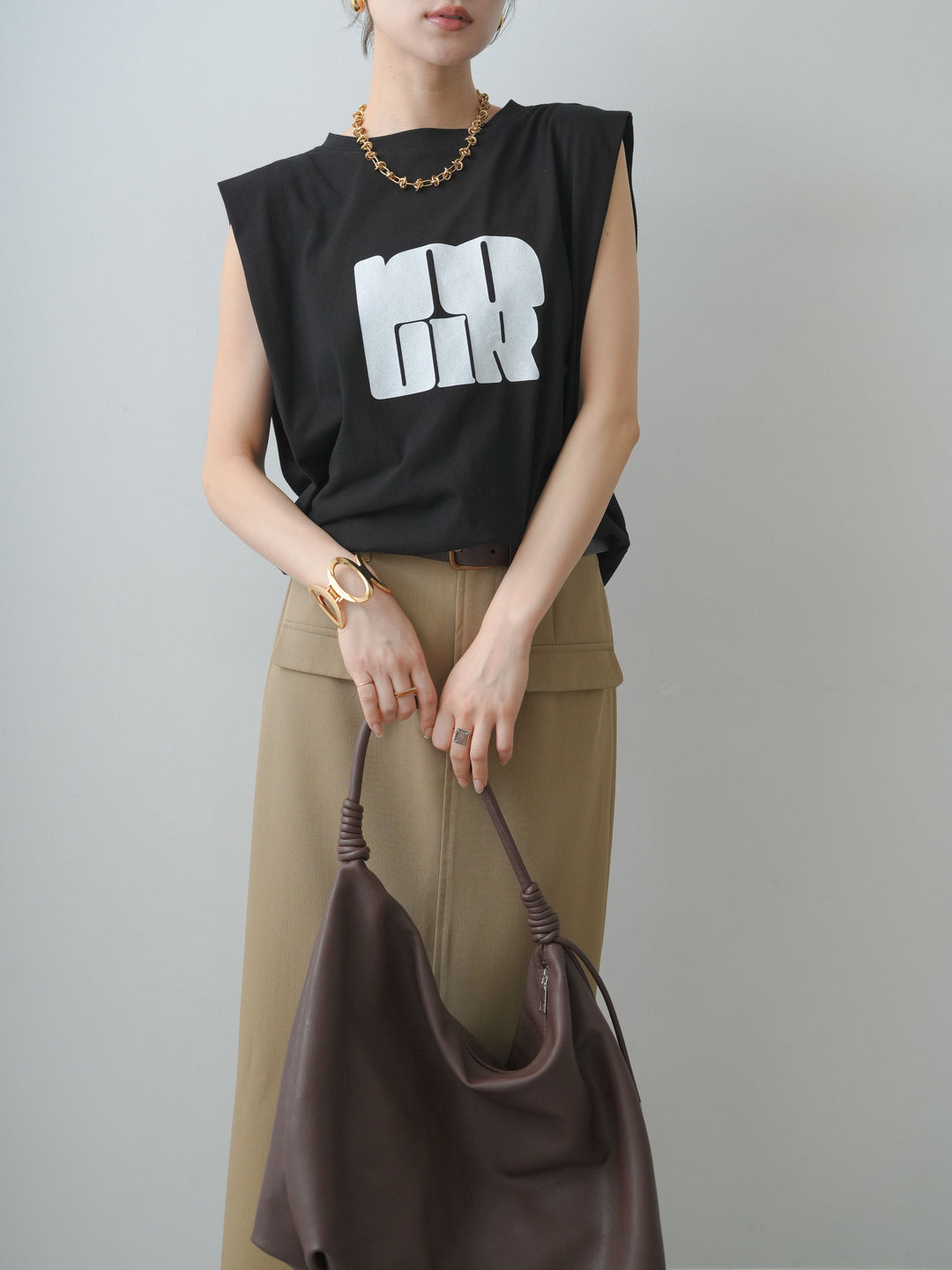 [SET]フロントジップフリルカラーデニムトップス+ショルダータックノースリーブオーバーTEE+ベルトループカーブタックワイドパンツ(3set)