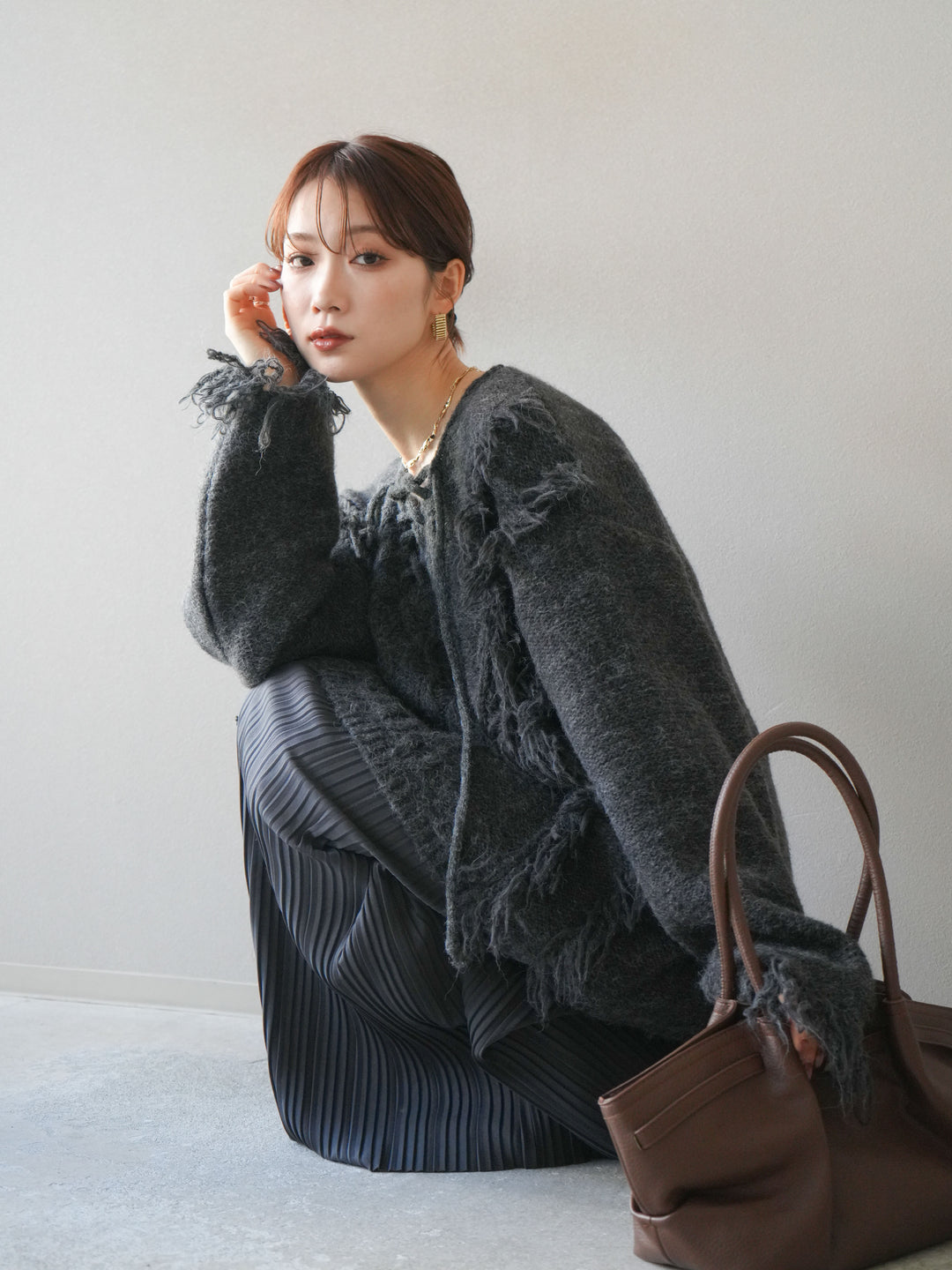 [予約]レースアップフリンジニットプルオーバー/gray