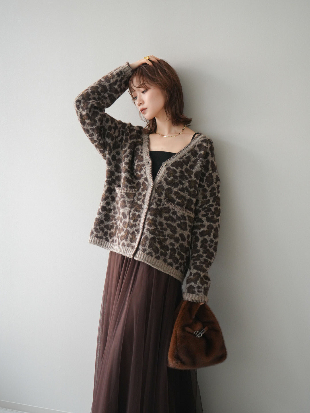 [予約]アニマル柄ステッチニットカーディガン/khaki