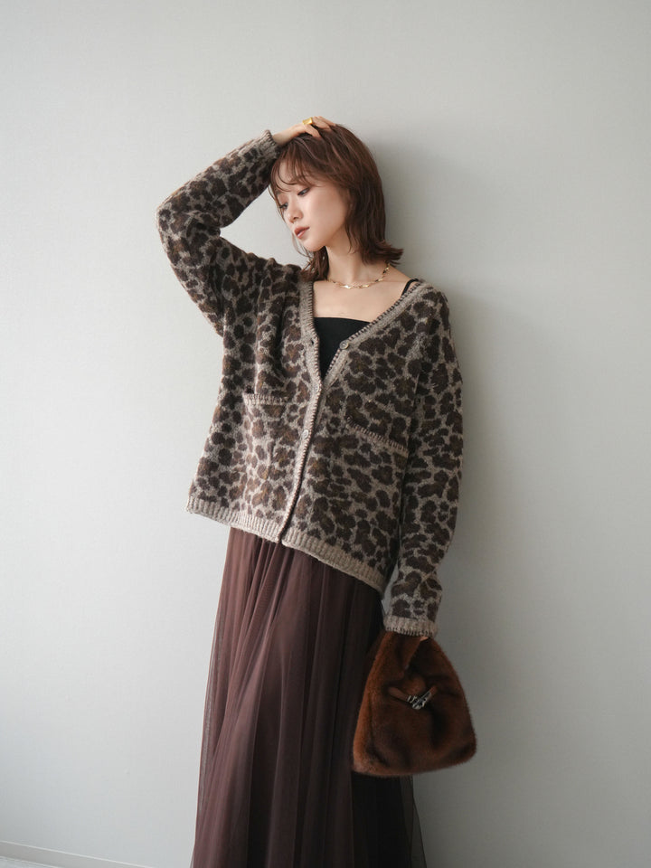 [予約]アニマル柄ステッチニットカーディガン/khaki