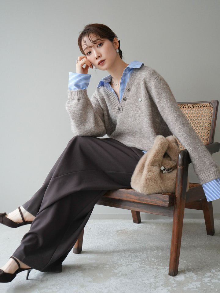 [SET]ストライプシャツドッキングMIXヤーンニットプルオーバー+ベルトループデザインワイドパンツ(2set)