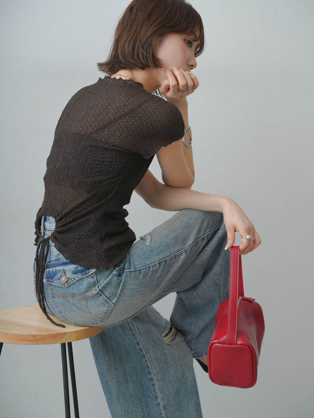 [SET]シャーリングシアーバックオープンフレンチトップス+ダメージデニムセミワイドパンツ(2set)