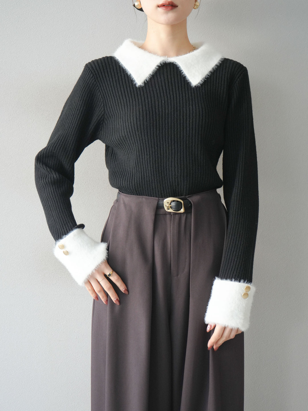 [SET]シャギー襟リブニットトップス+ベルトループデザインワイドパンツ(2set)