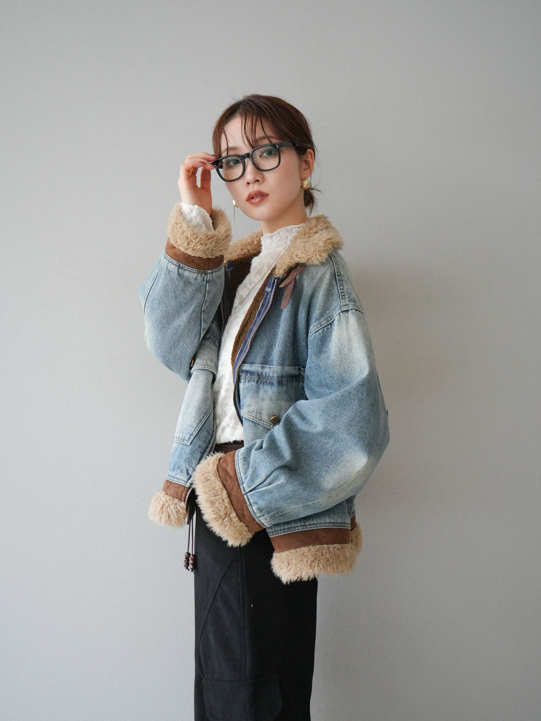 [予約]スタンドカラーファー×デニムジャケット/lightblue