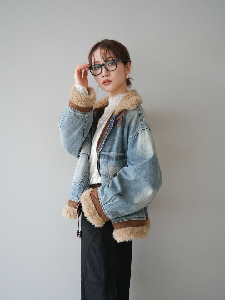 [予約]スタンドカラーファー×デニムジャケット/lightblue