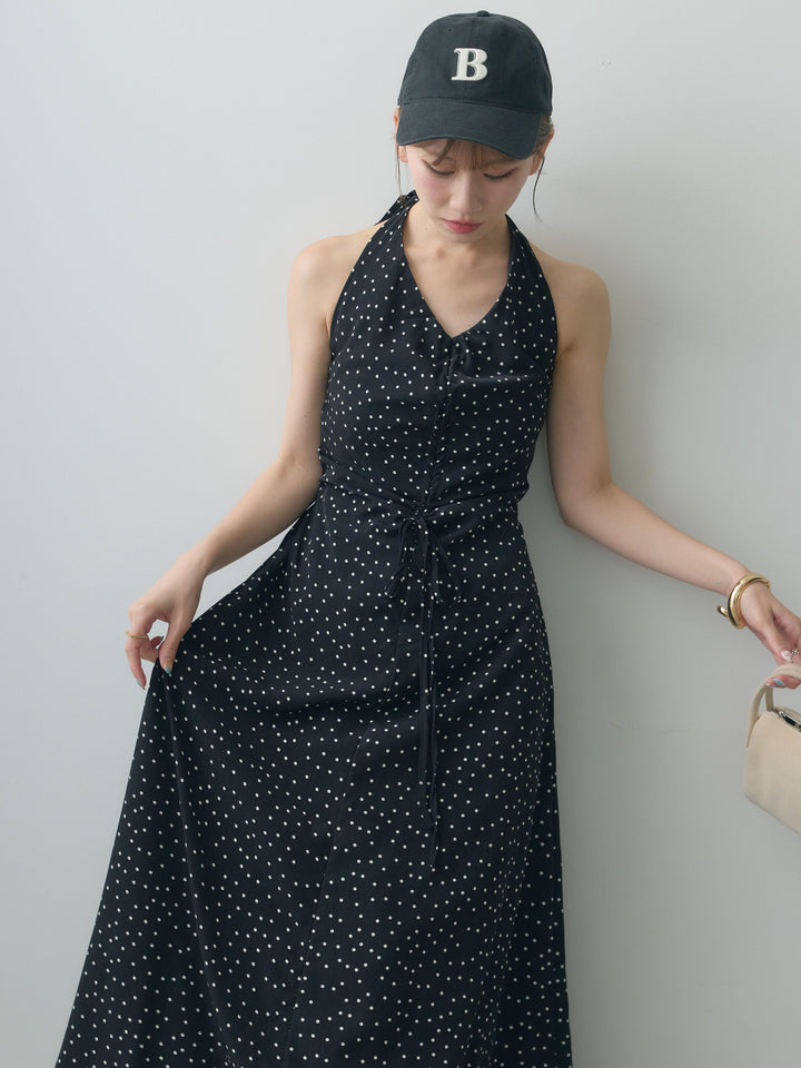 [SET]ホルターネックドット柄シャーリングデザインワンピース+ホルターネックドット柄シャーリングデザインワンピース(2set)