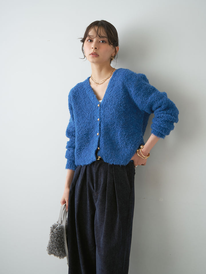 [SET]ゴールドボタンクロップニットカーディガン+ベロアデニムタックワイドパンツ(2set)