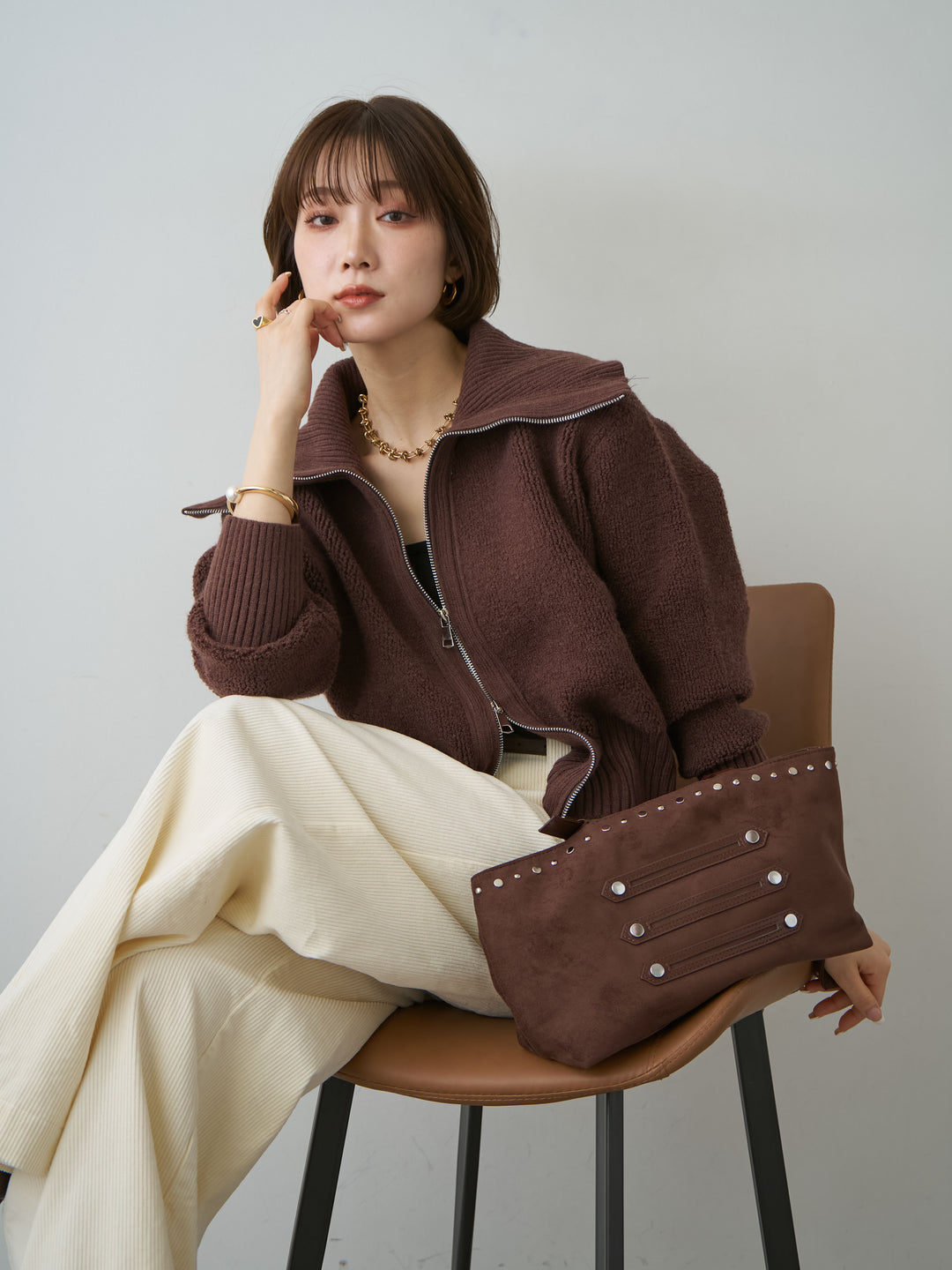 [SET]リブカラー圧縮ブークレニットブルゾン+ベルト付コーディロイワイドストレートパンツ(2set)