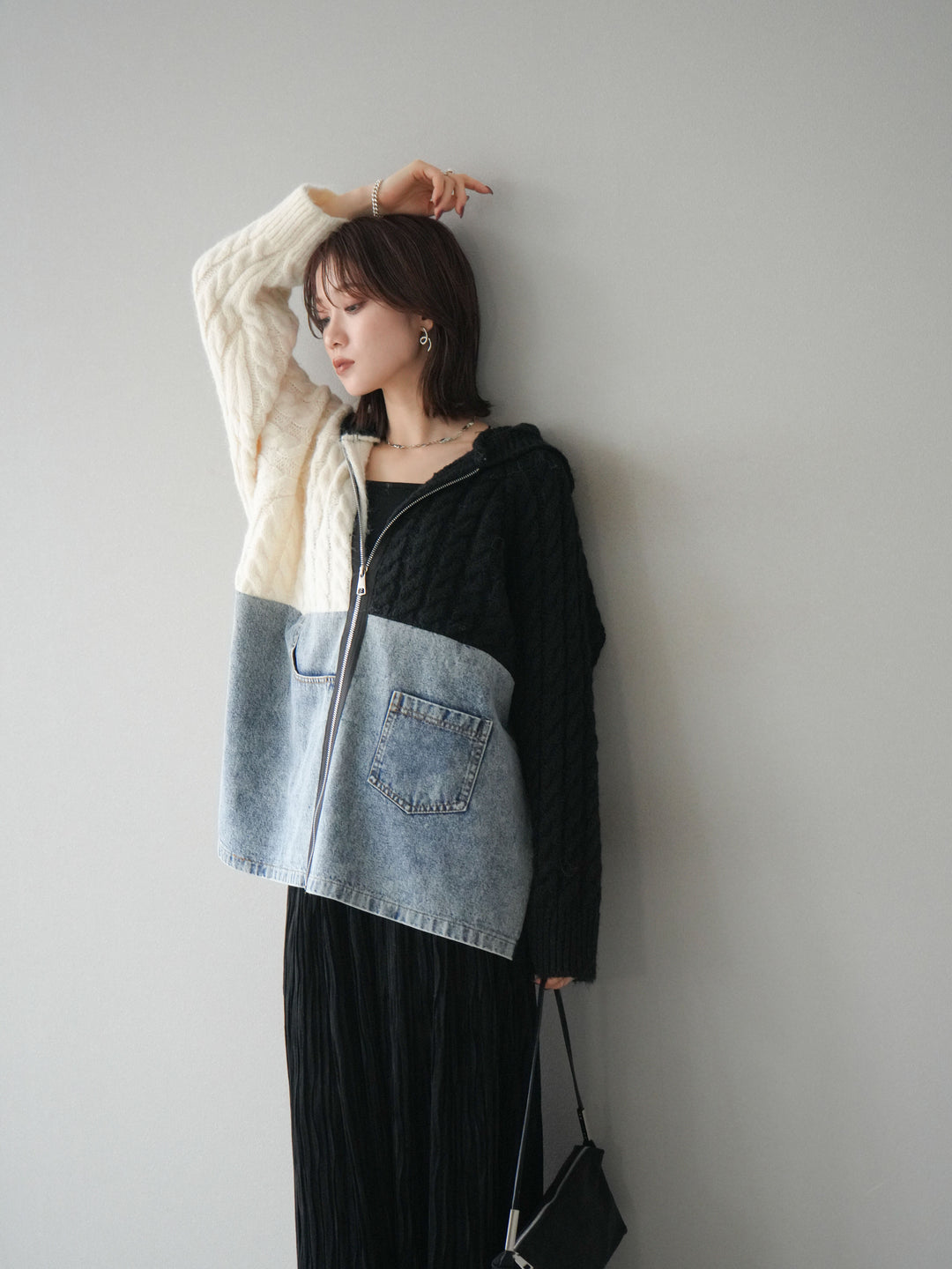 [予約]デニム×バイカラーニットZIPフーディ/black