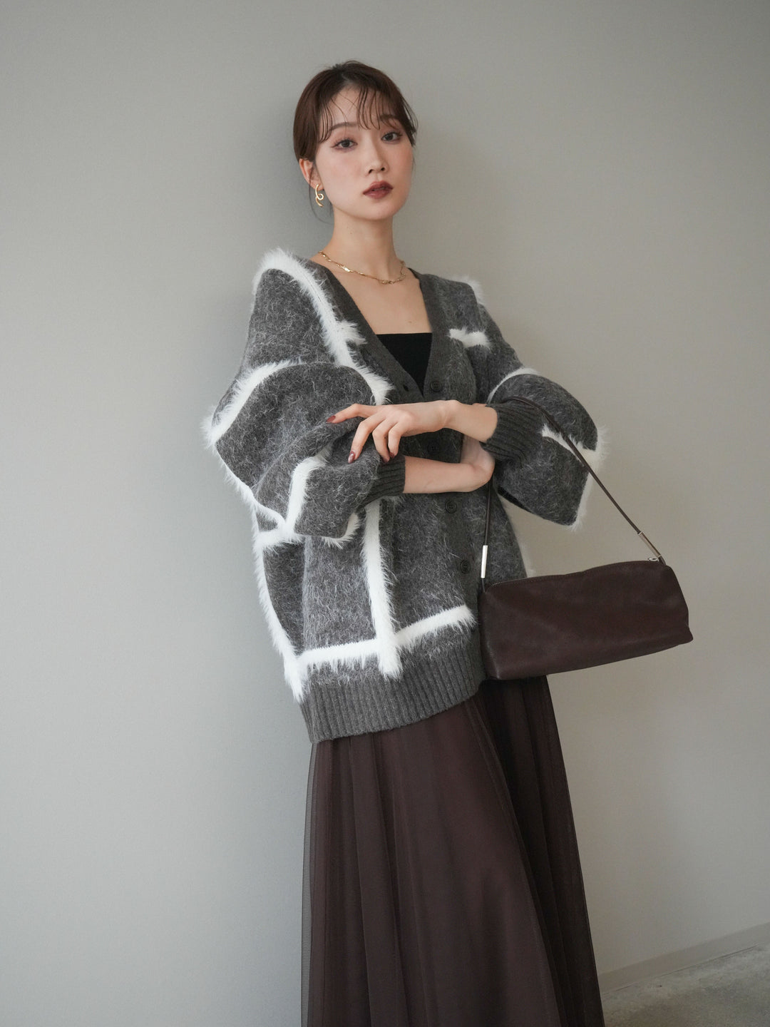 [予約]ミックスシャギーチェックカーディガン/brown