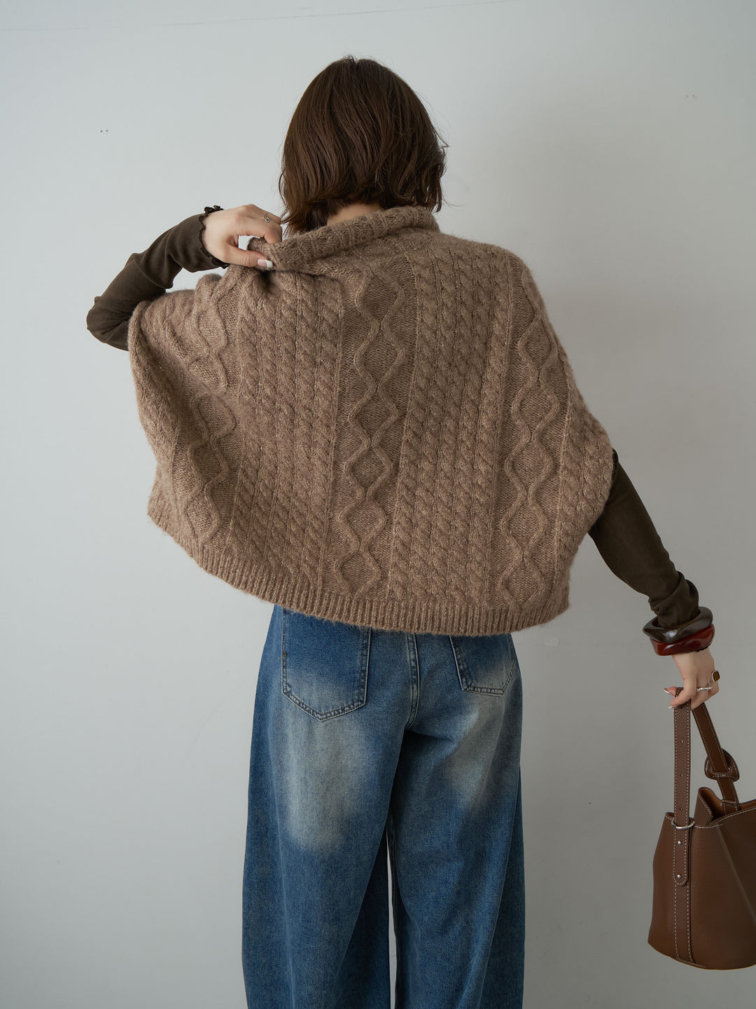 [SET]ケーブルケープニットトップス+メロートリムシアートップス+ナポレオンカーブデニム(3set)