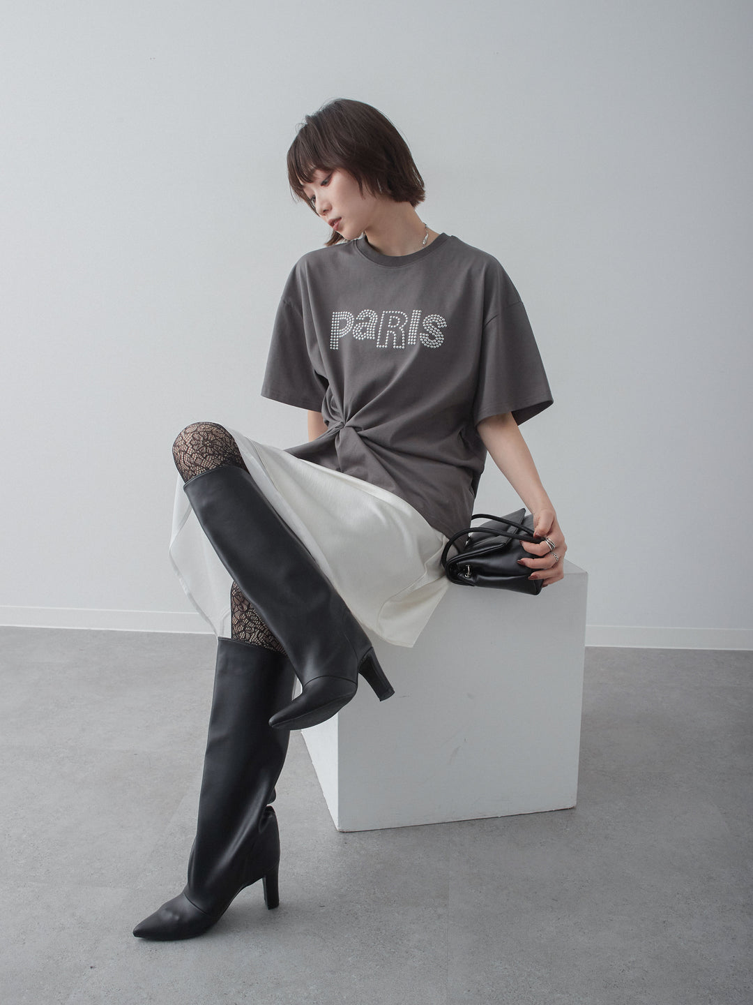 [SET]スタッズロゴTEE+サテンシフォンレイヤードスカート(2set)