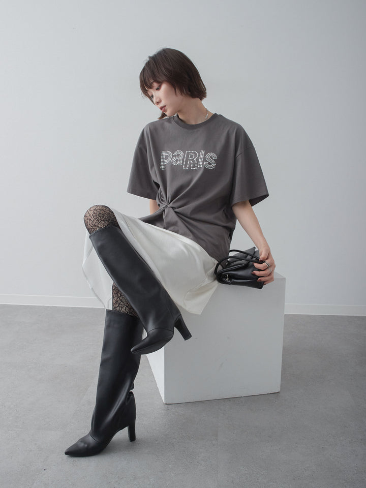 [SET]スタッズロゴTEE+サテンシフォンレイヤードスカート(2set)