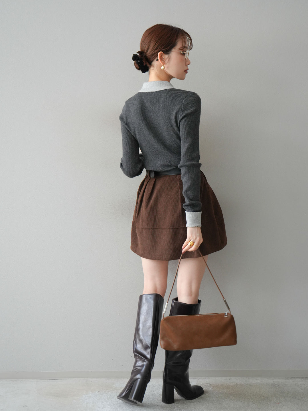 [予約]ベルト付インパンコーデュロイタックフレアスカート/brown