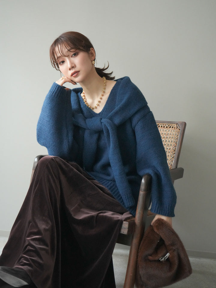 [予約]ストール付きVネックニットプルオーバー/blue