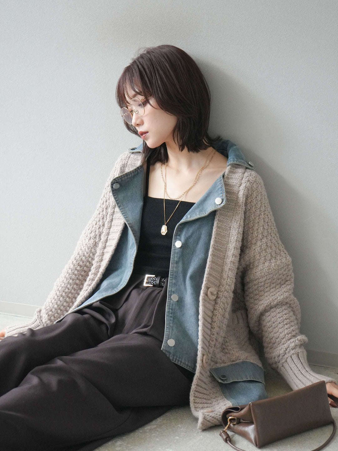 [SET]デニム襟レイヤードニットジャケット+デニム襟レイヤードニットジャケット(2set)