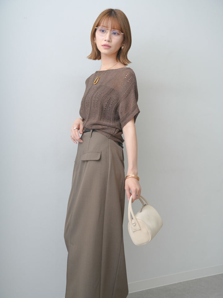 [SET]アイレットサマーニットトップス+クレープデシンフラップ付きストレートスカート(2set)