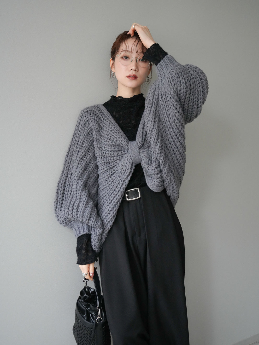 [SET]ローゲージ畦編みドルマンニットボレロ+起毛レースプチネックトップス+ベルトループデザインワイドパンツM(3set)