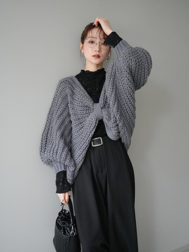 [SET]ローゲージ畦編みドルマンニットボレロ+起毛レースプチネックトップス+ベルトループデザインワイドパンツM(3set)