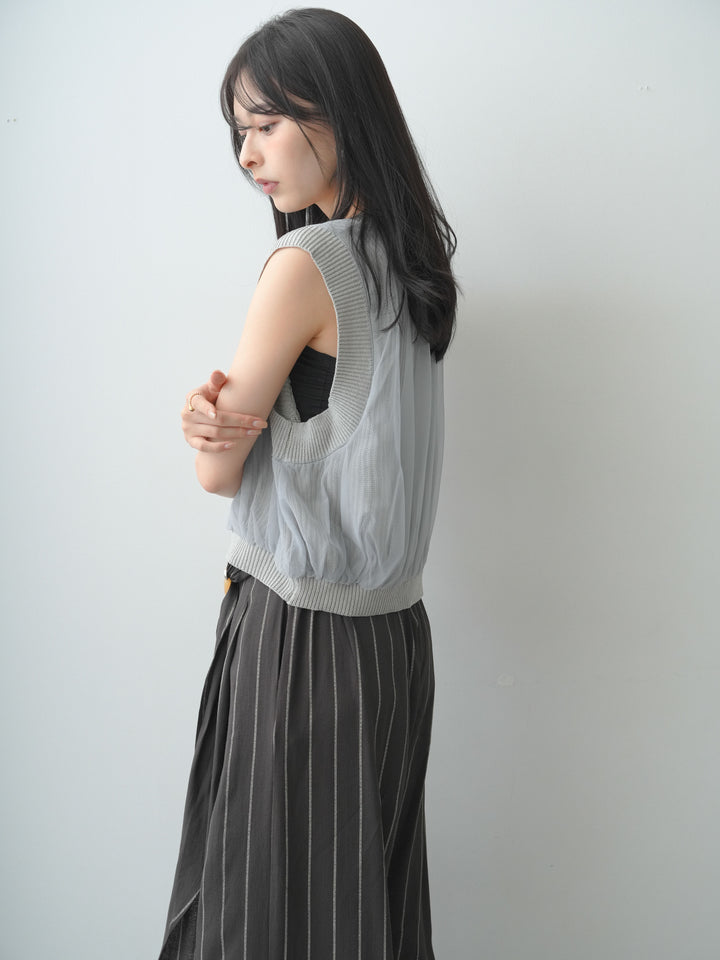 [SET]ドライタッチチュールドッキングベスト+ベルトデザインストライプドレープワイドパンツ(2set)