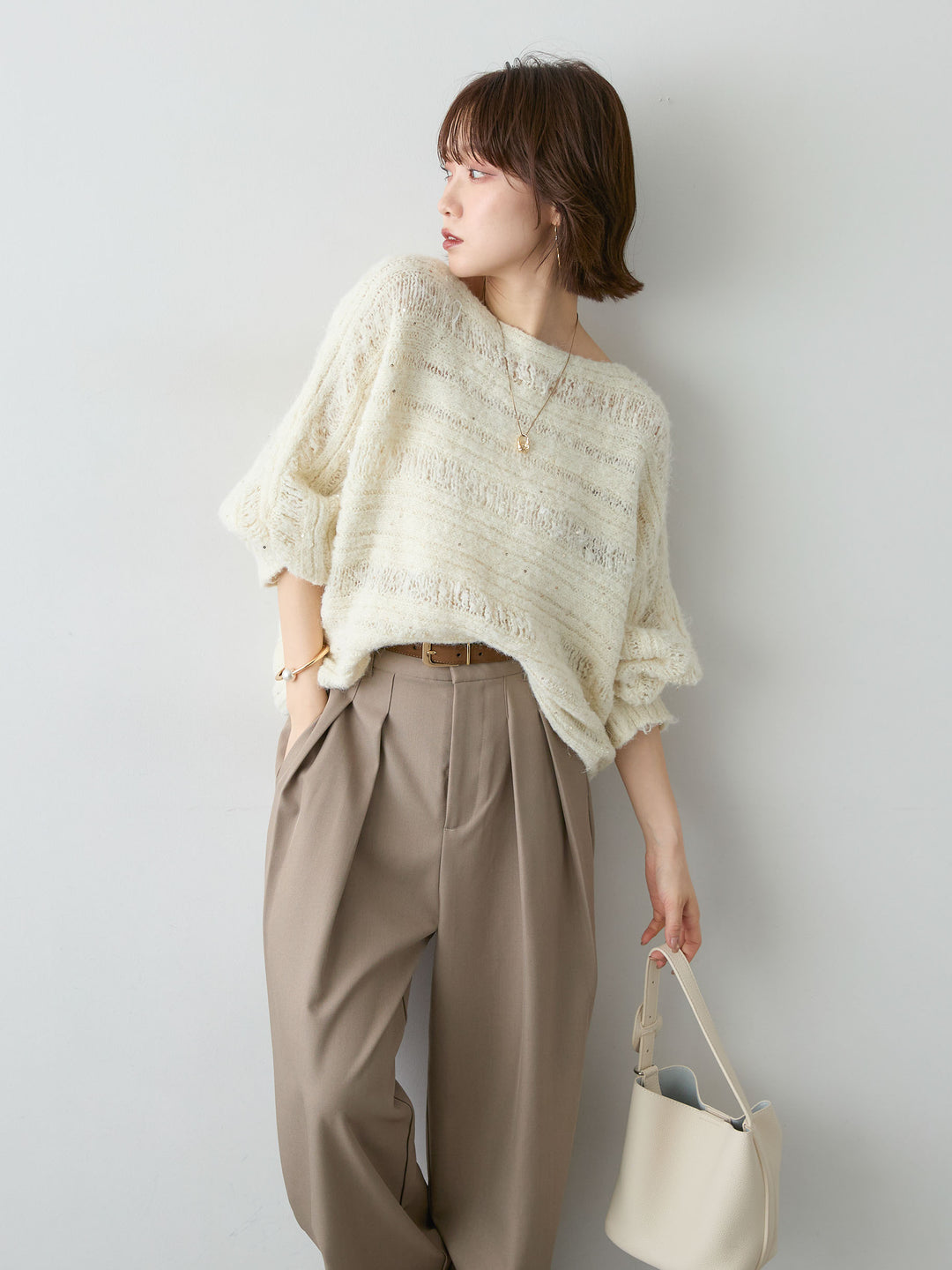 [予約]ミックス透かし編ワイドネックニットトップス/ivory
