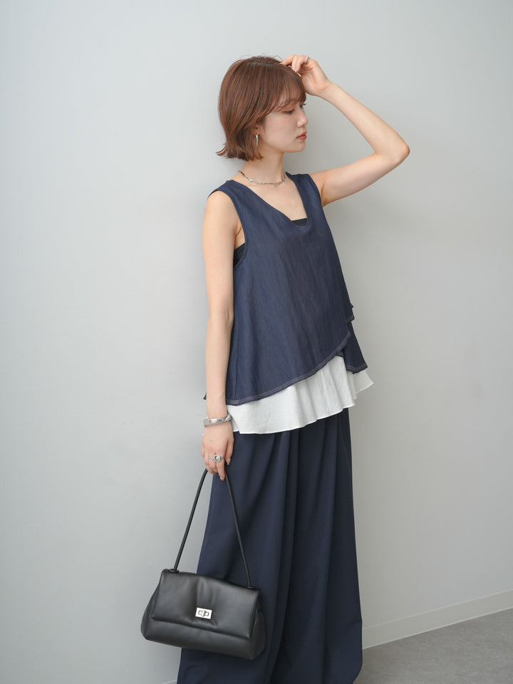 [予約]アシメフリルドッキングステッチノースリブラウス/navy