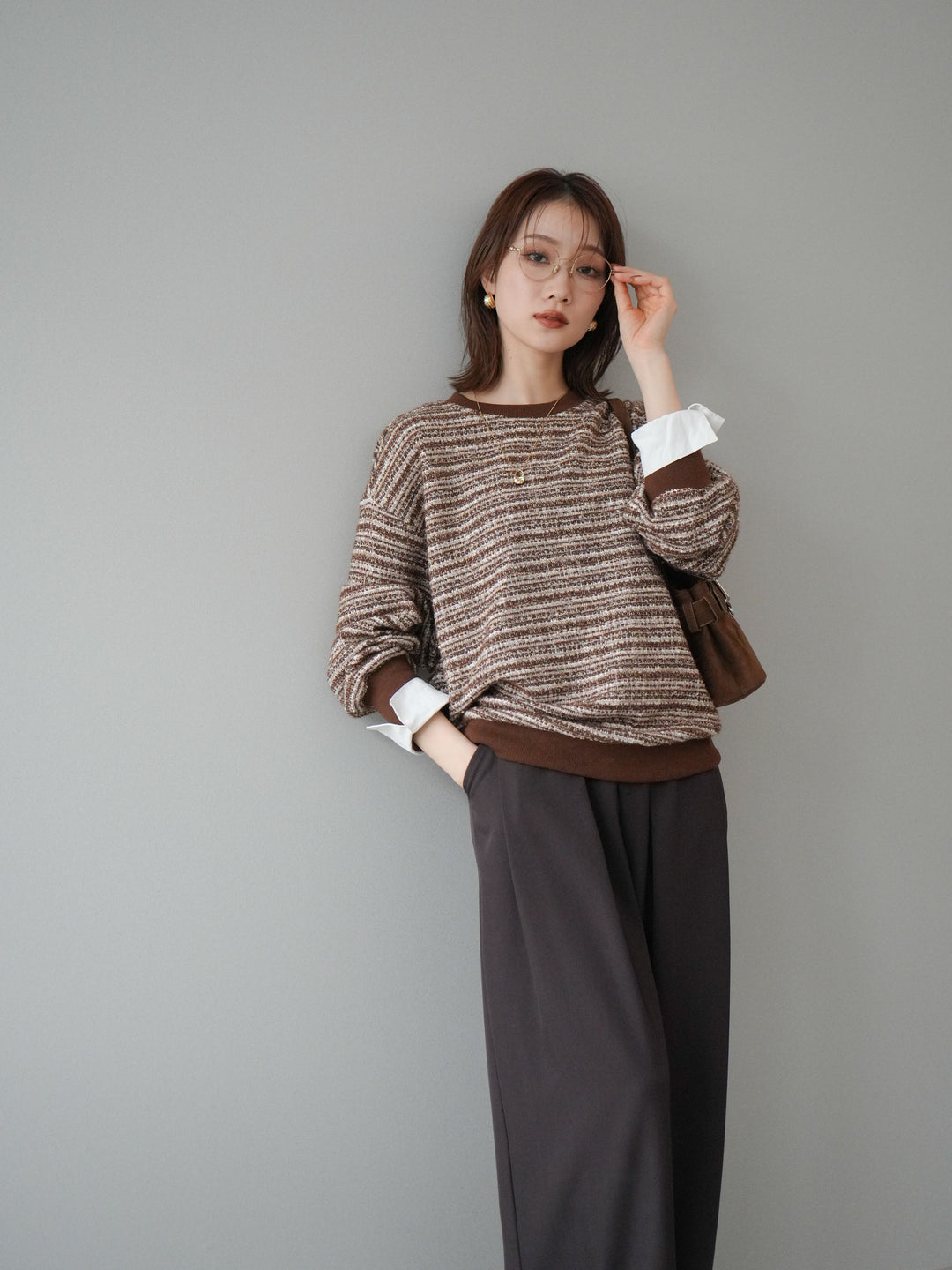 [予約]MIXツイードライクカフスドッキングプルオーバー/brown