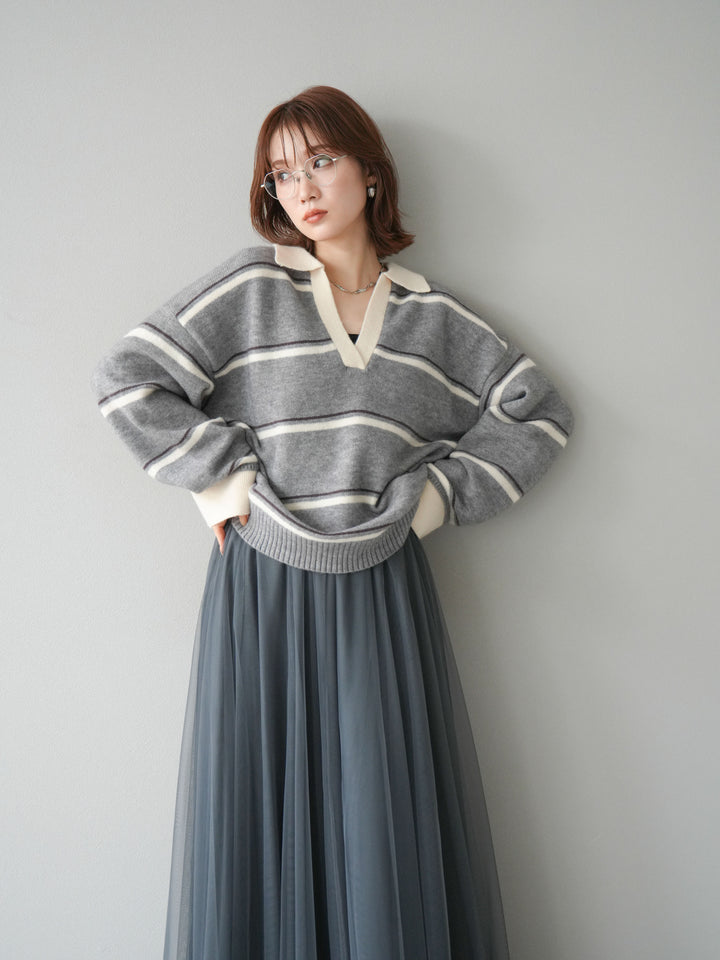[SET]ポロ襟スキッパーボーダーニットプルオーバー+チュールボリュームスカート(2set)
