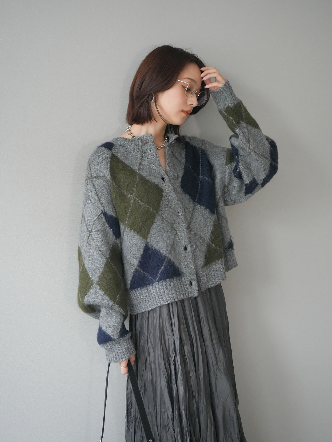[予約]モヘアタッチアーガイルニットカーディガン/ gray