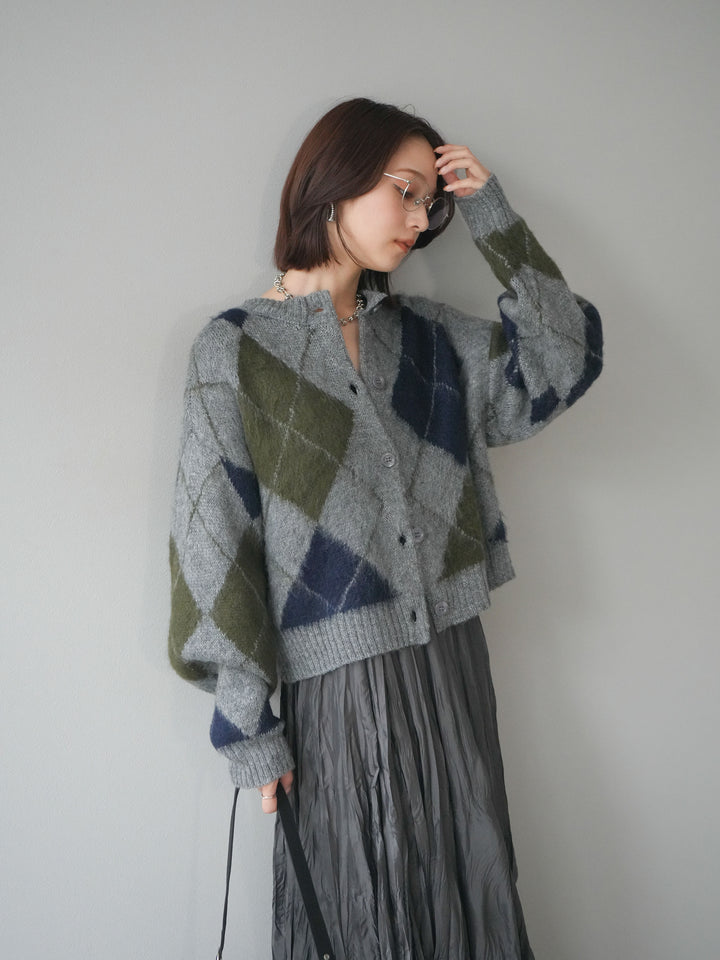 [予約]モヘアタッチアーガイルニットカーディガン/ gray