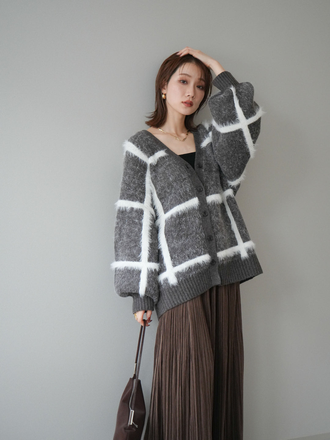 [予約]ミックスシャギーチェックカーディガン/brown