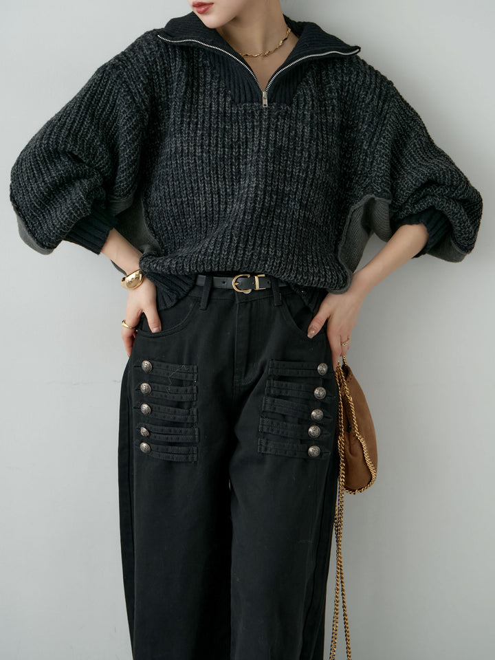 [予約]バイカラーハーフジップリブニットトップス/black