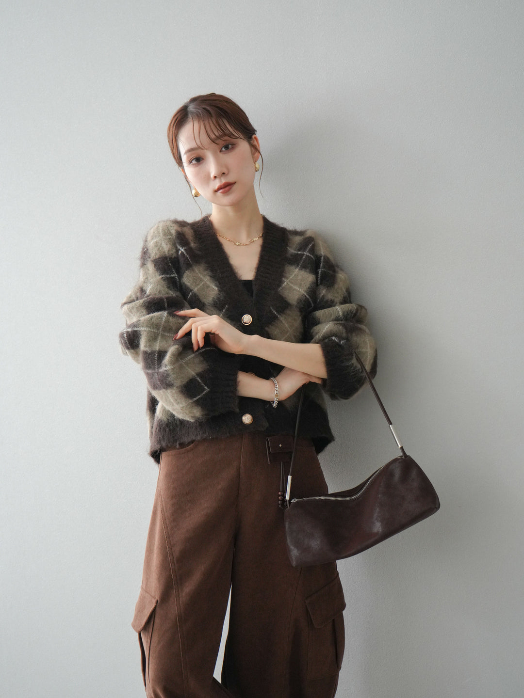 [予約]アーガイルシャギーニットカーディガン/brown