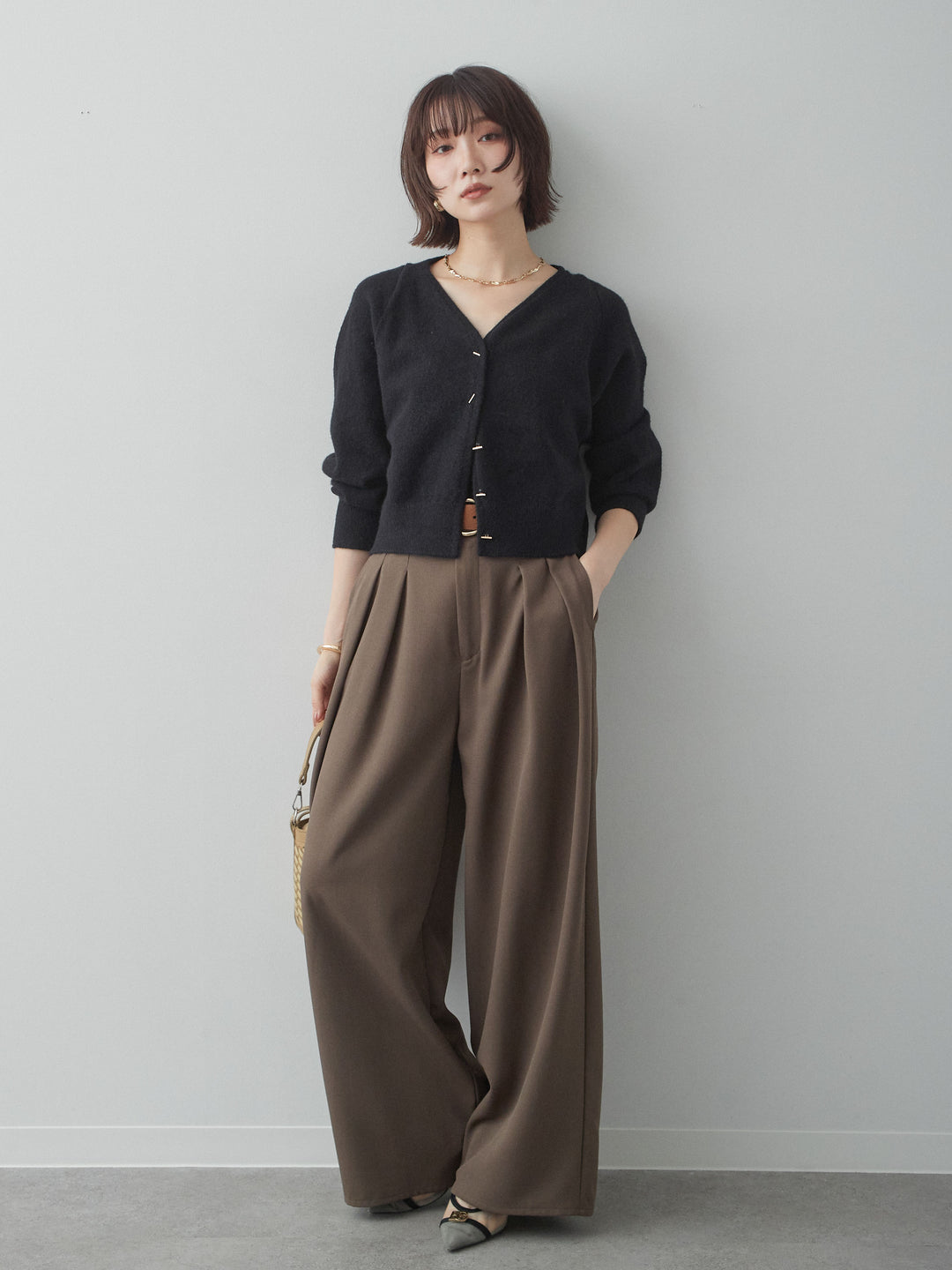 [SET]ゴールドラインボタンカーディガン+クレープデシンタックワイドパンツ(2set)