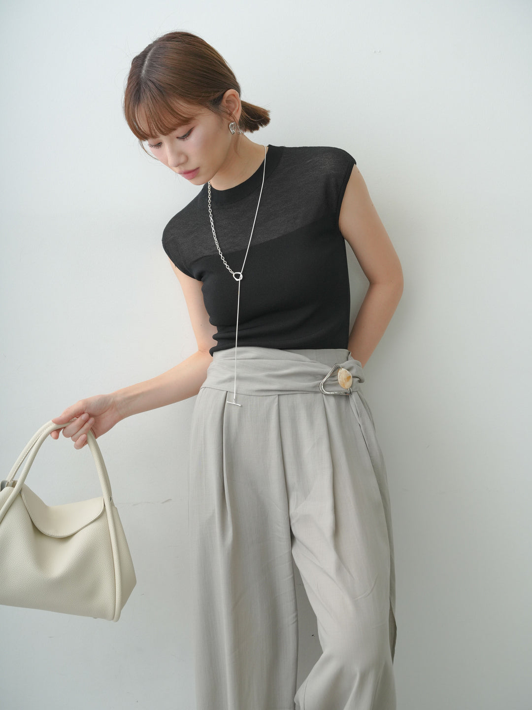 [SET]シアー切替ニットトップス+ベルトデザインタックドレープワイドパンツ(2set)