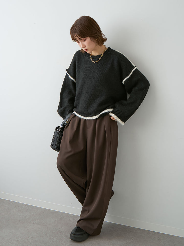[SET]配色ラインデザインヘムニットプルオーバー+ツイルタックワイドパンツ(2set)