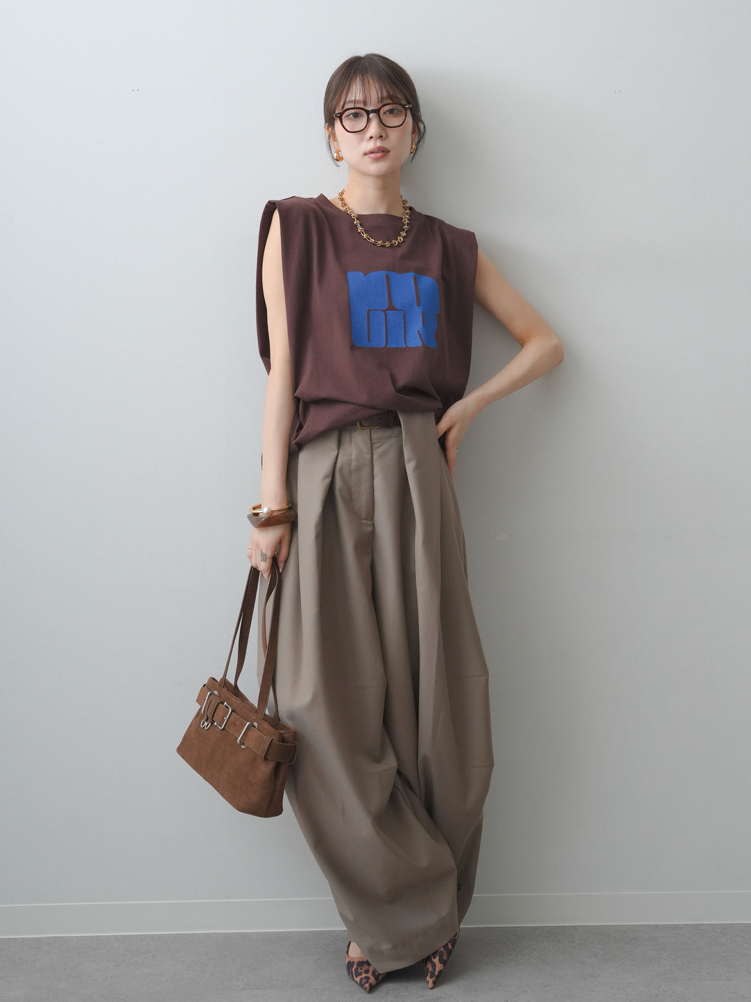 [SET]ワイドネックプリントTEE+ショルダータックノースリーブオーバーTEE(2set)