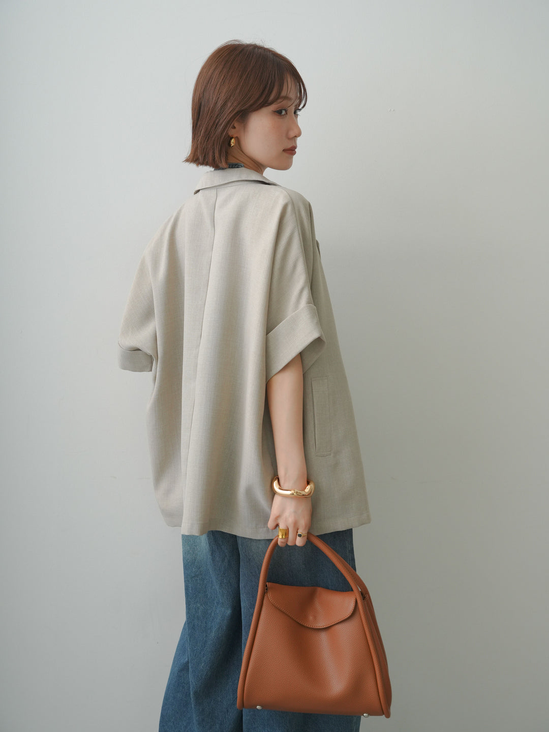[SET]ベルト付ホルターデニムオールインワン+リネンライクハーフダブルジャケット(2set)