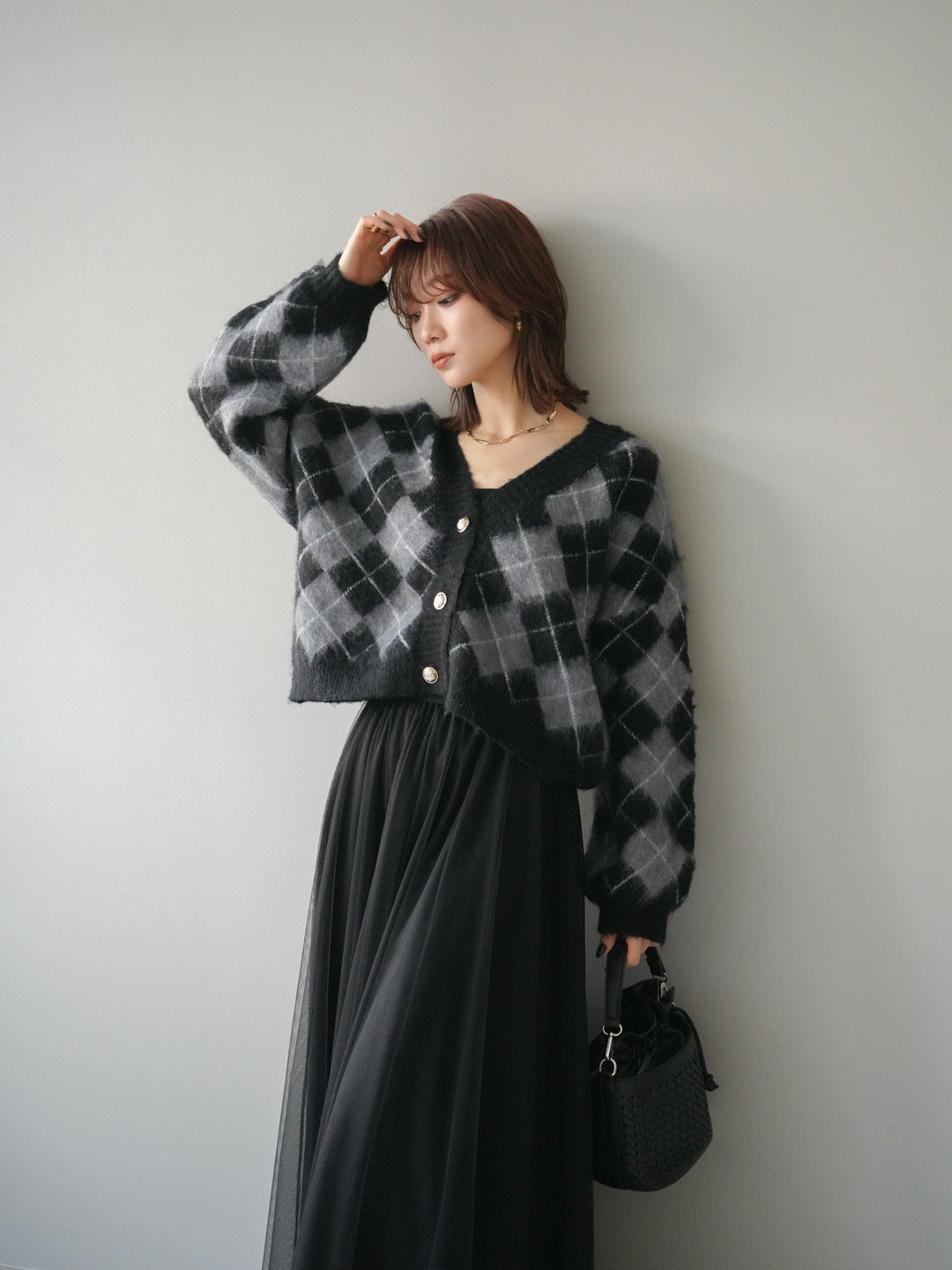 [予約]アーガイルシャギーニットカーディガン/gray