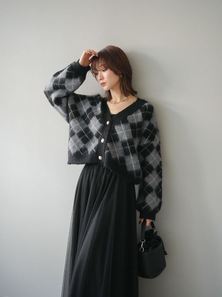 [予約]アーガイルシャギーニットカーディガン/gray