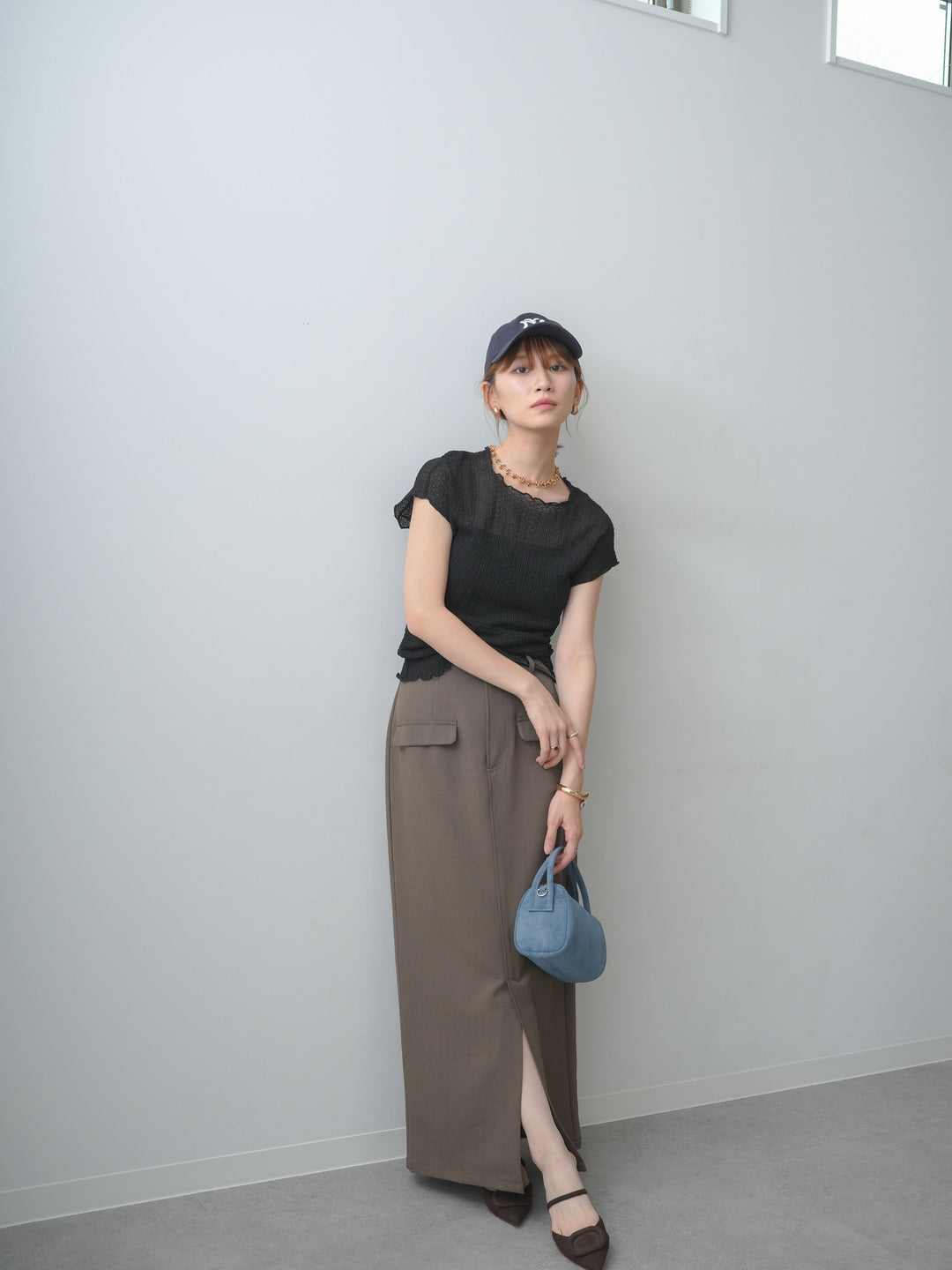 [SET]シャーリングシアーバックオープンフレンチトップス+クレープデシンフラップ付きストレートスカート(2set)