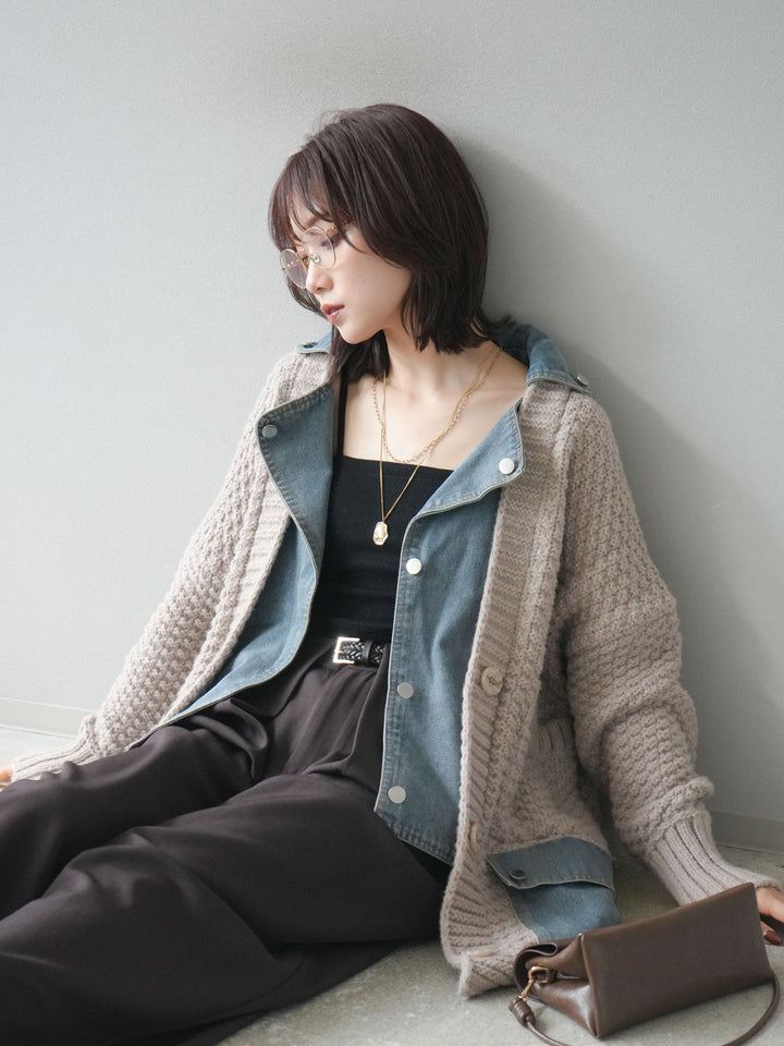 [予約]デニム襟レイヤードニットジャケット/greige