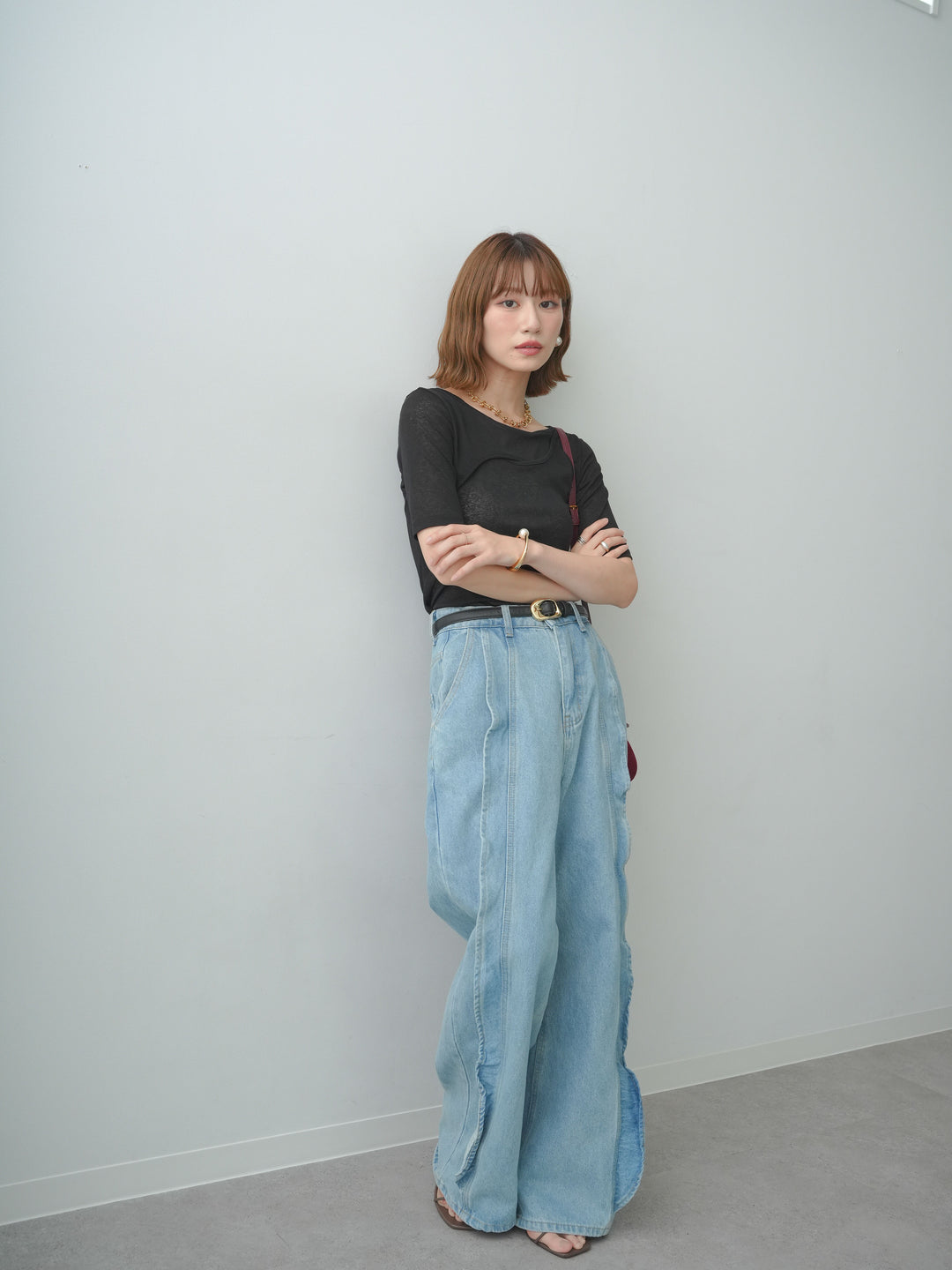 [SET]前後2wayシアーアシメレイヤード風TEE+フリルラインワイドデニム(2set)