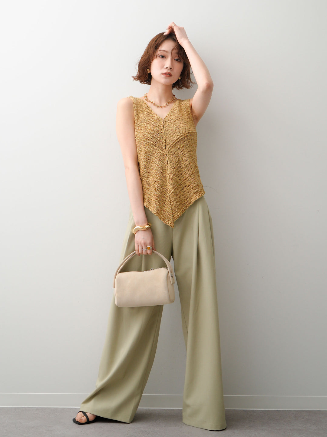 [SET]テープヤーンVネックニットトップス+アシンメトリーベルトタックワイドパンツ(2set)