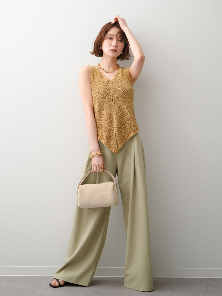 [SET]テープヤーンVネックニットトップス+アシンメトリーベルトタックワイドパンツ(2set)