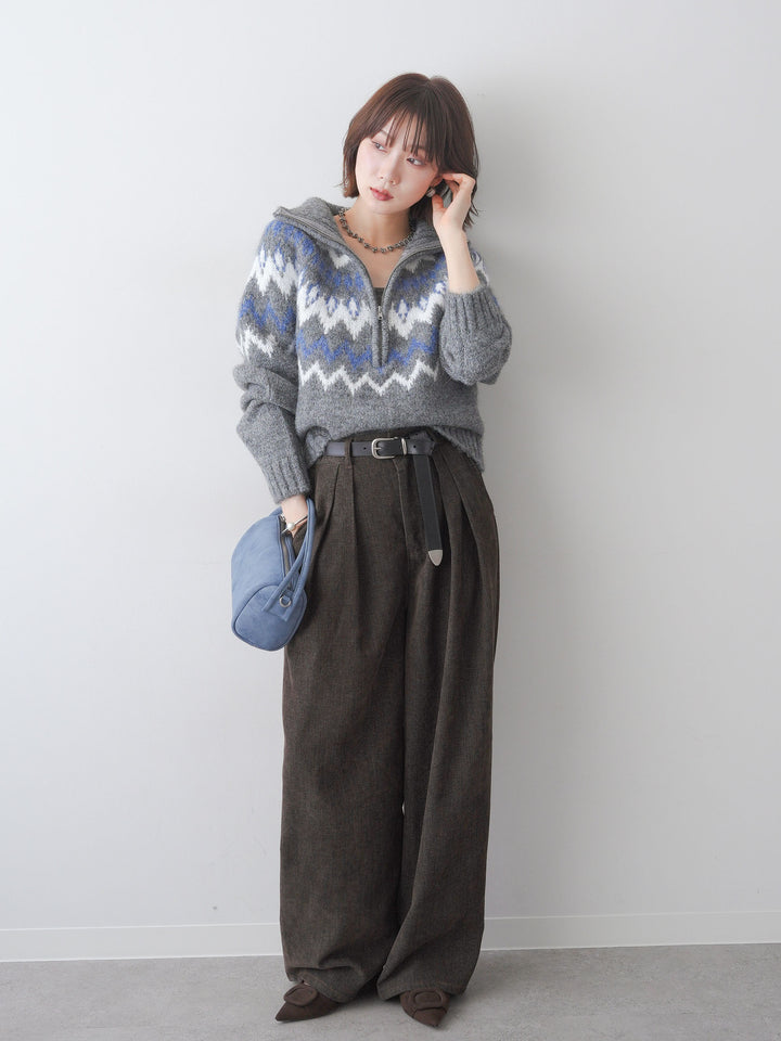[SET]ノルディックハーフジップニットトップス+ベロアデニムタックワイドパンツ(2set)