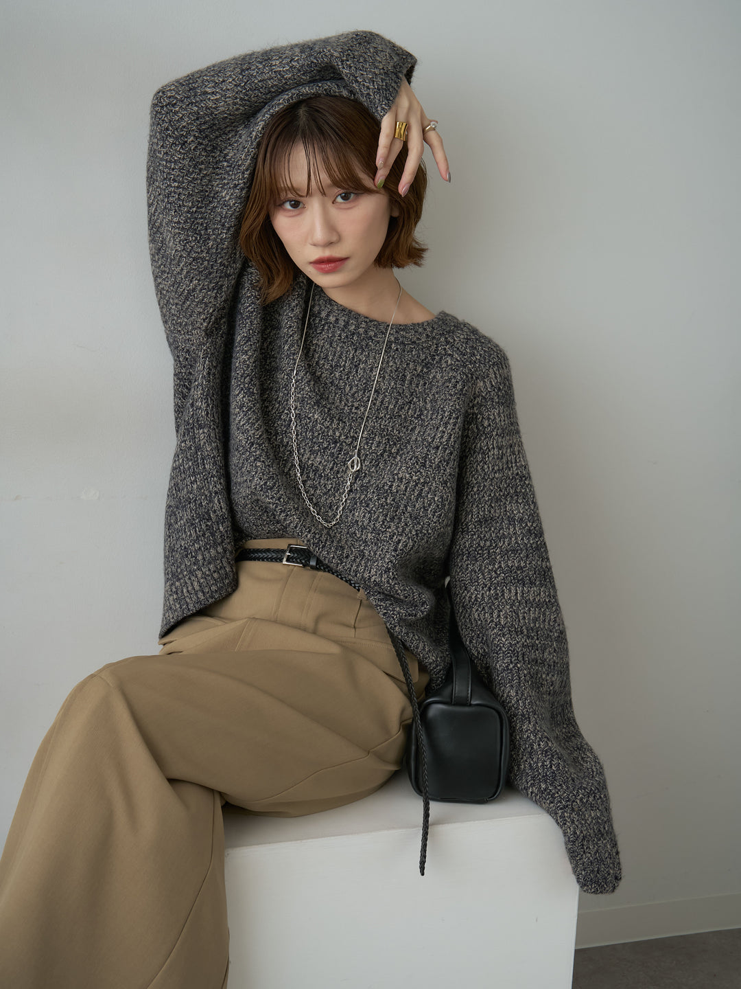[SET]メランジクルーネックワイドプルオーバー+クレープデシンフラップ付きストレートスカート(2set)